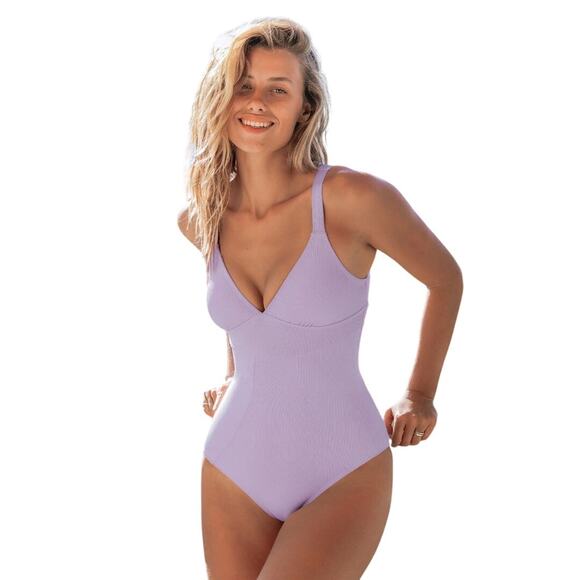 Cupshe Women's Lilac Purple Ribbed V Neck One Piece Swimsuit Size M - Picture 1 of 7